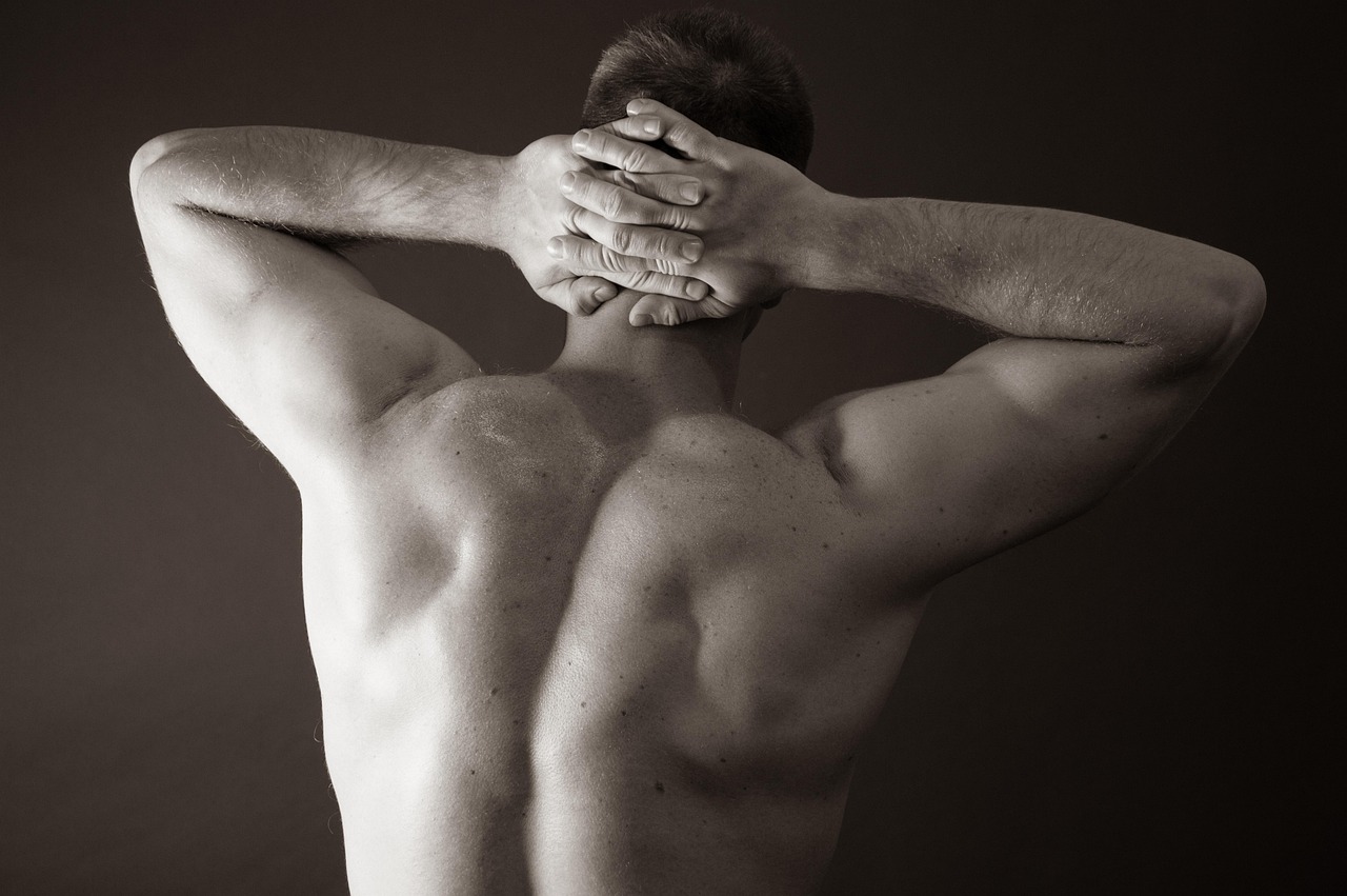 back, human, torso, model, posing, muscle, muscular, sportsman, athletic build, fitness, male body, black and white, man, athlete, hands, fingers, hands behind head, beautiful, young, no face, body